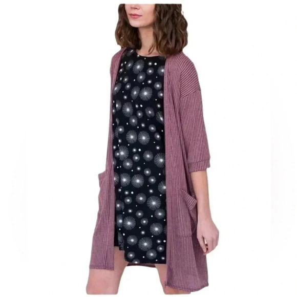 NWT Ribbed Cardigan with 2 Front Pockets, Mauve/Black, Size Small - Picture 3 of 7